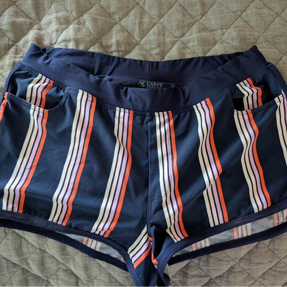 Carve Designs Women's Navy and Orange Striped Swim Shorts